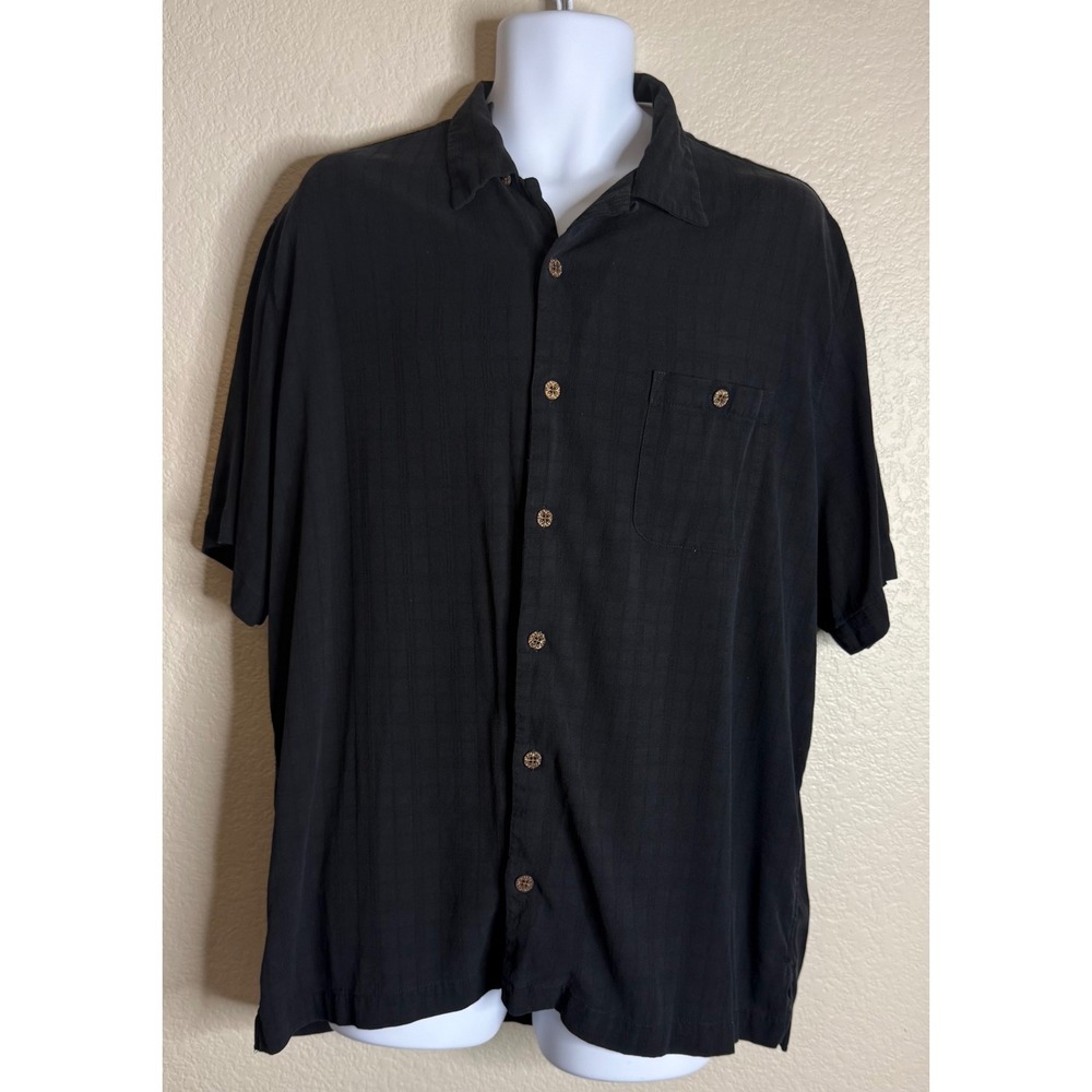 Caribbean Men XL Button Down Shirt Black Silk Blend Short Sleeve Tropical Resort